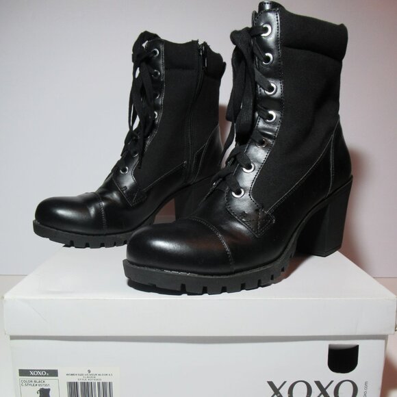XOXO Black Lace-Up Ankle Boots Size 9 Worn Once Combat Pleather & Fabric Claudia - Picture 3 of 15